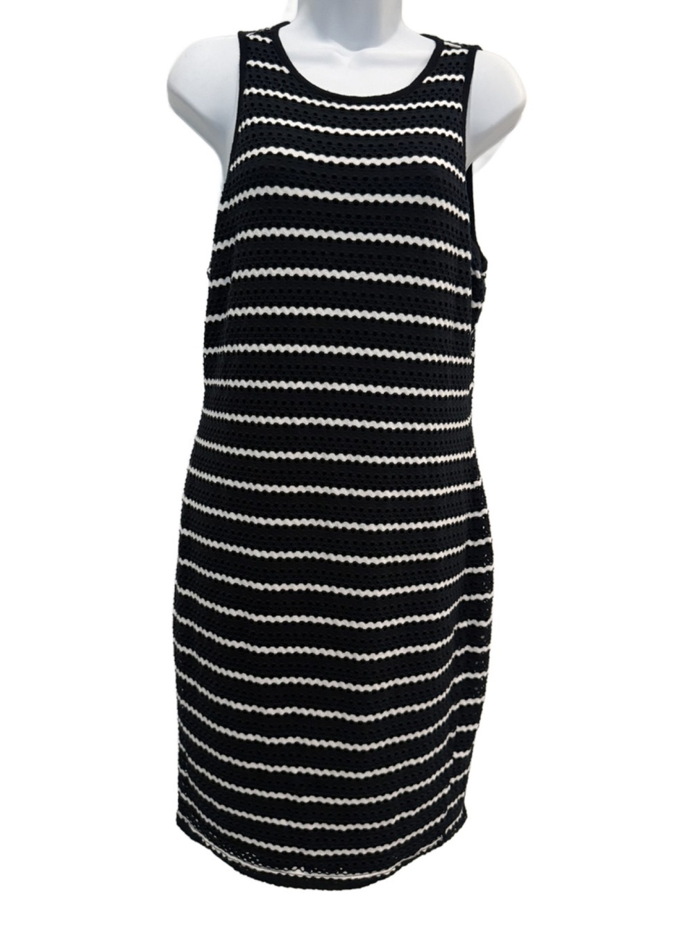 Caché Sleeveless Black and White Striped Knit Bodycon Dress. Large